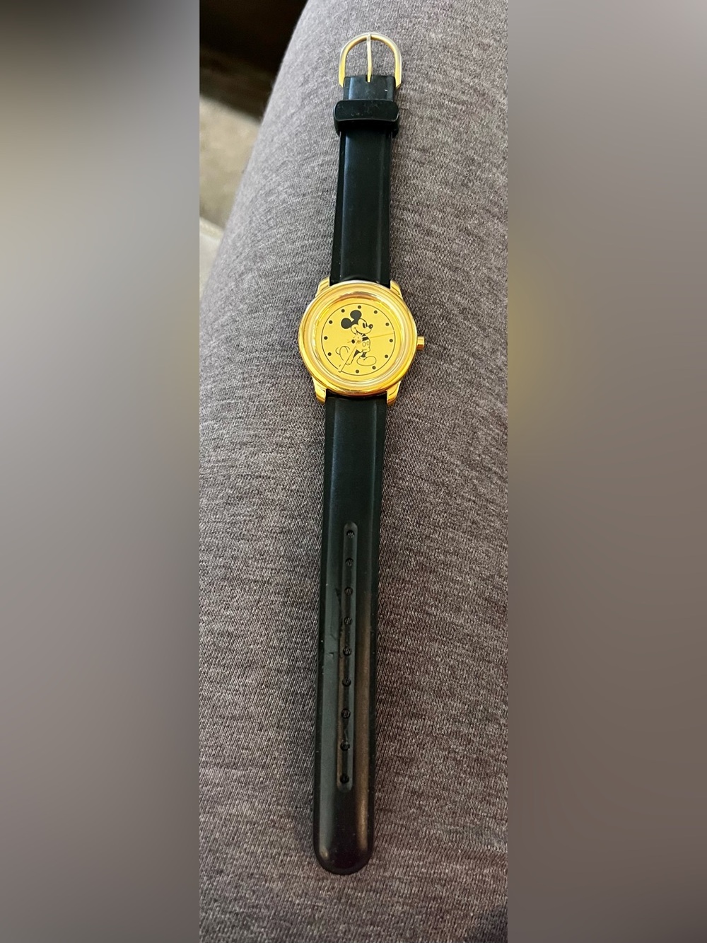 Vintage Disney Mickey Mouse Gold Tone Watch Black Band-Needs Battery